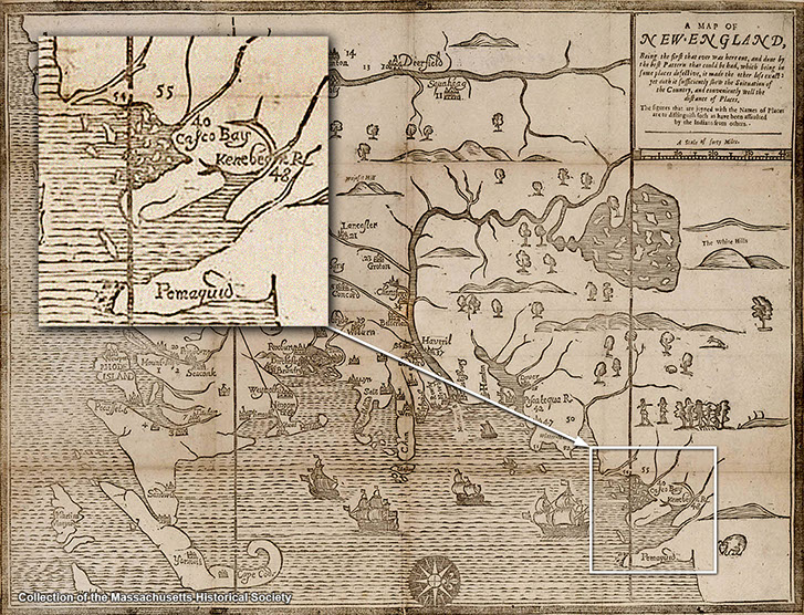Map made about 1670 that includes the general area around Merrymeeting Bay, but very inaccurately, as typical of maps of that period.